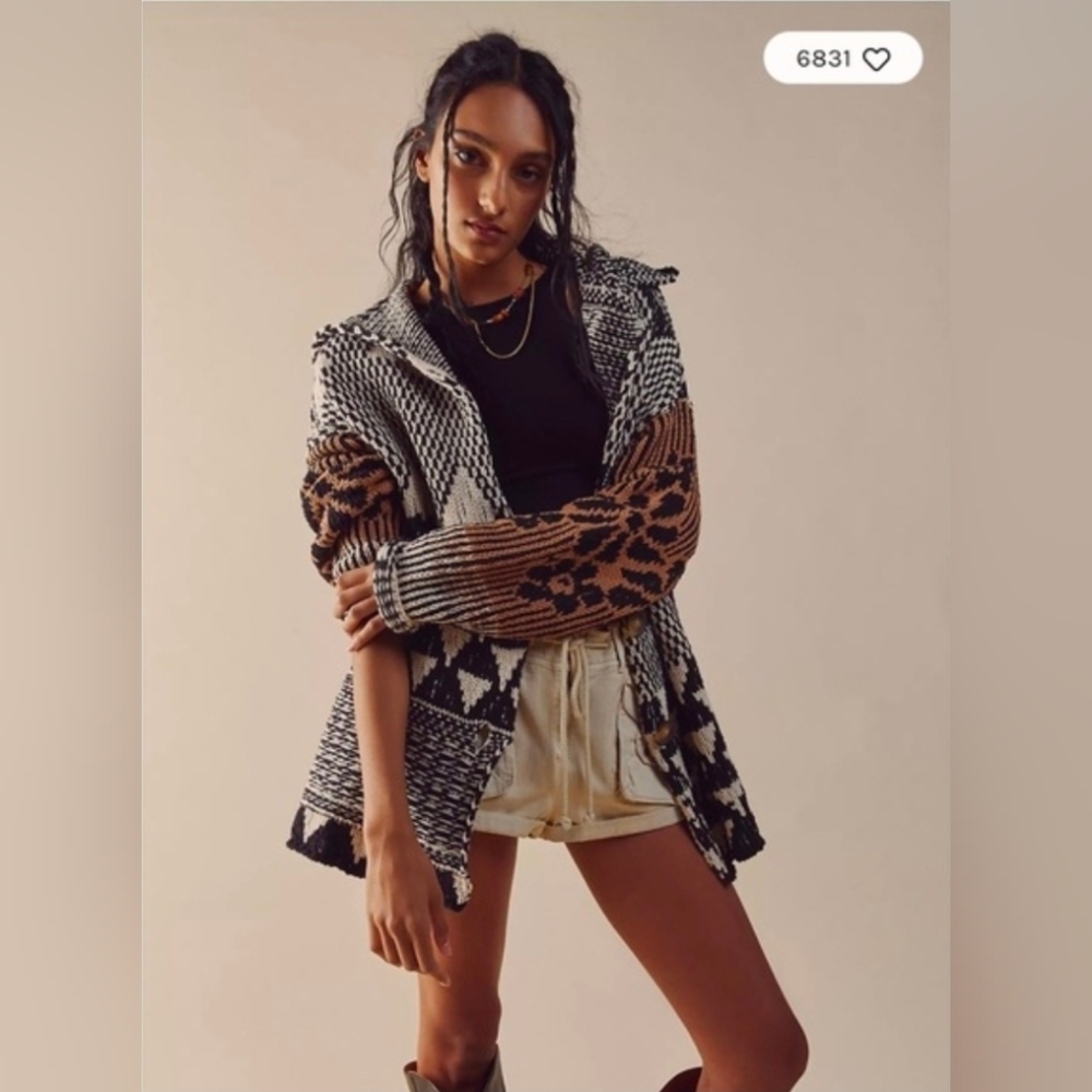 Free People Tate Cardigan in Black/Tan | Size L